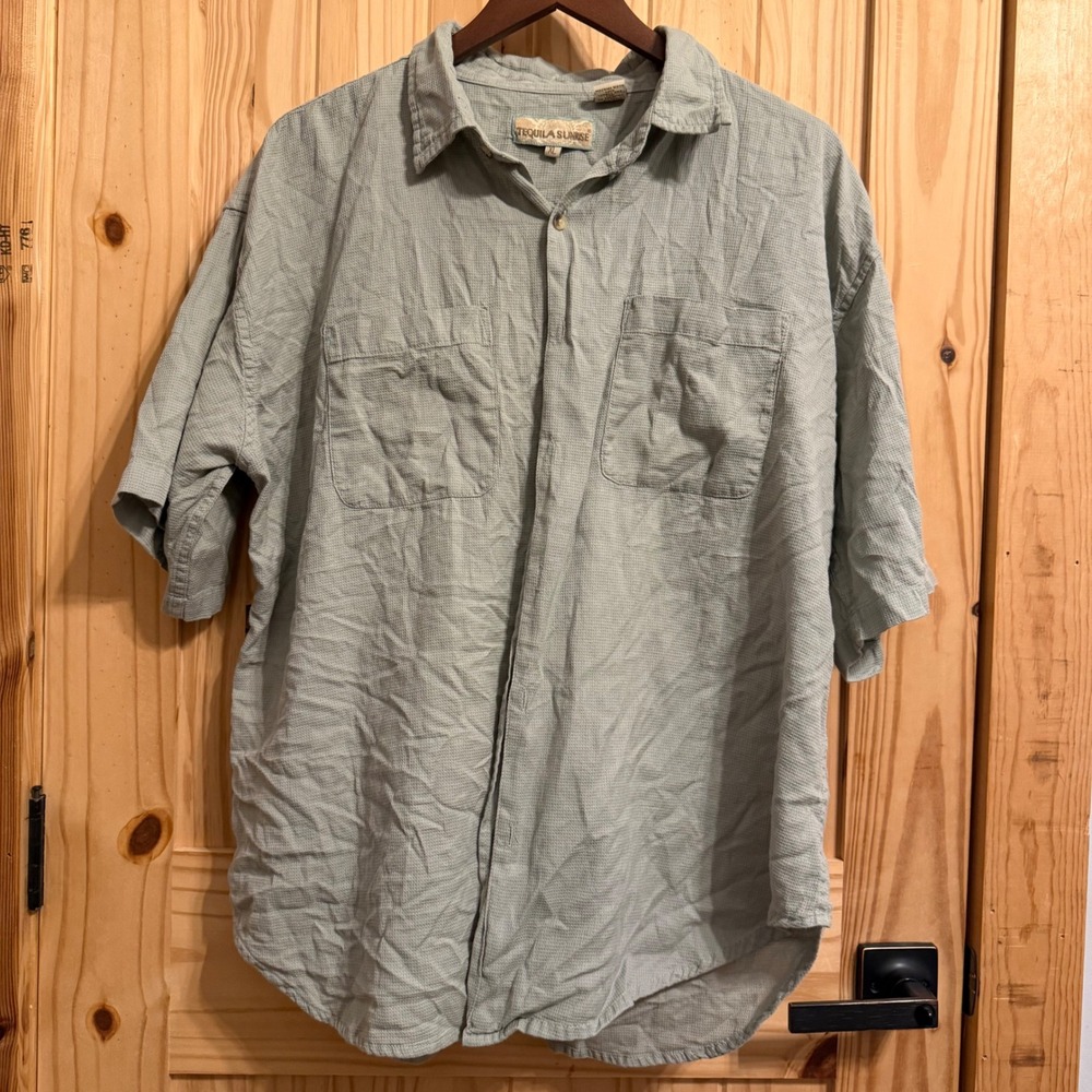 Tequila Sunrise Mens XL Green Waffle Weave Cotton Short Sleeve Button Down Shirt